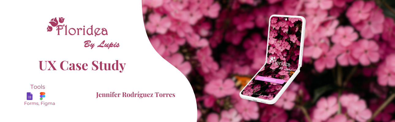 Cover of the Floridea case study, featuring a floral background with a phone showing the Floridea app, and on the other side a white background with the title Floridea.